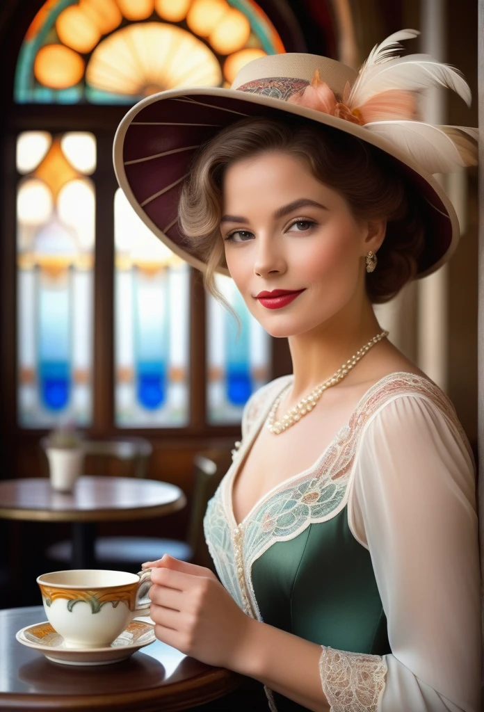 Create a portrait of an elegant woman in an early 20th-century Parisian café, embodying the Belle Époque era. She should be dressed in a sophisticated, flowing dress with intricate lace details, her hair styled in a loose updo adorned with a feathered hat. The background should reflect the art nouveau style with stained glass windows casting colorful light, wrought iron furniture, and lush indoor plants. Capture her in a moment of contemplation, with a slight smile, holding a porcelain cup. The lighting should be soft, mimicking the natural light of a cloudy afternoon, with subtle highlights to emphasize the textures of her attire and the ambiance. Use a technique that blends photorealism with a painterly touch, reminiscent of the works by Toulouse-Lautrec but with modern clarity.