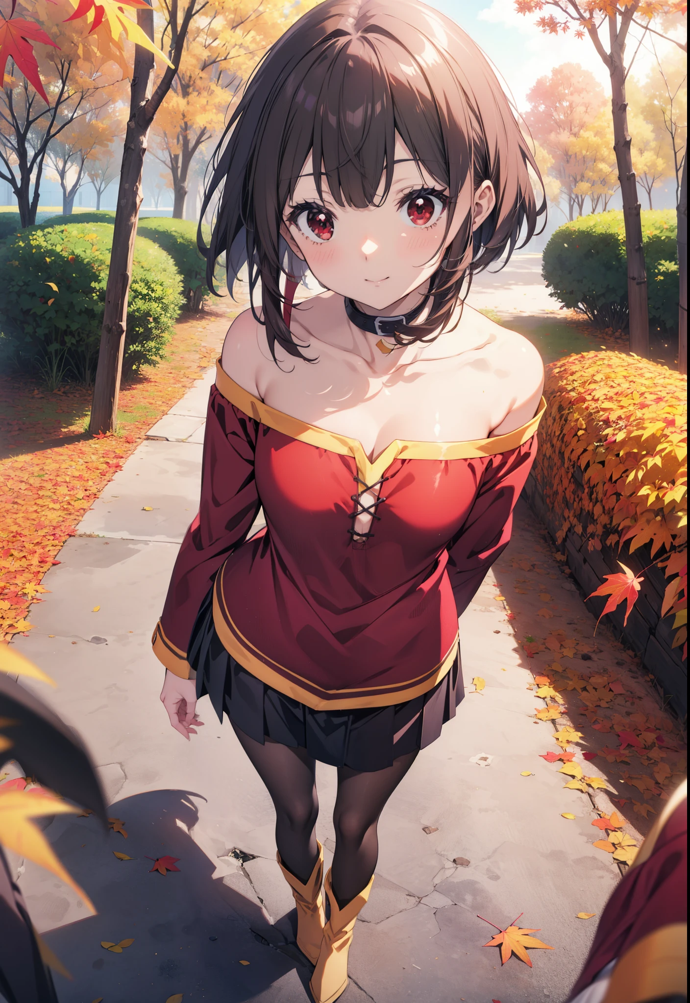 konosubaMegumin, Megumin, short hair, Black Hair, (Red eyes:1.3), short hair with long locks,smile,One-shoulder sweater,mini skirt,Black pantyhose,short boots,autumn leaves,autumn leavesが積もっている,autumn leavesが散っている,Walking,Daytime,Clear skies,whole bodyがイラストに入るように,
break outdoor, forest,
break looking at viewer,whole body, 
break (masterpiece:1.2), Highest quality, High resolution, unity 8k wallpaper, (figure:0.8), (Beautiful attention to detail:1.6), Highly detailed face, Perfect lighting, Highly detailed CG, (Perfect hands, Perfect Anatomy),