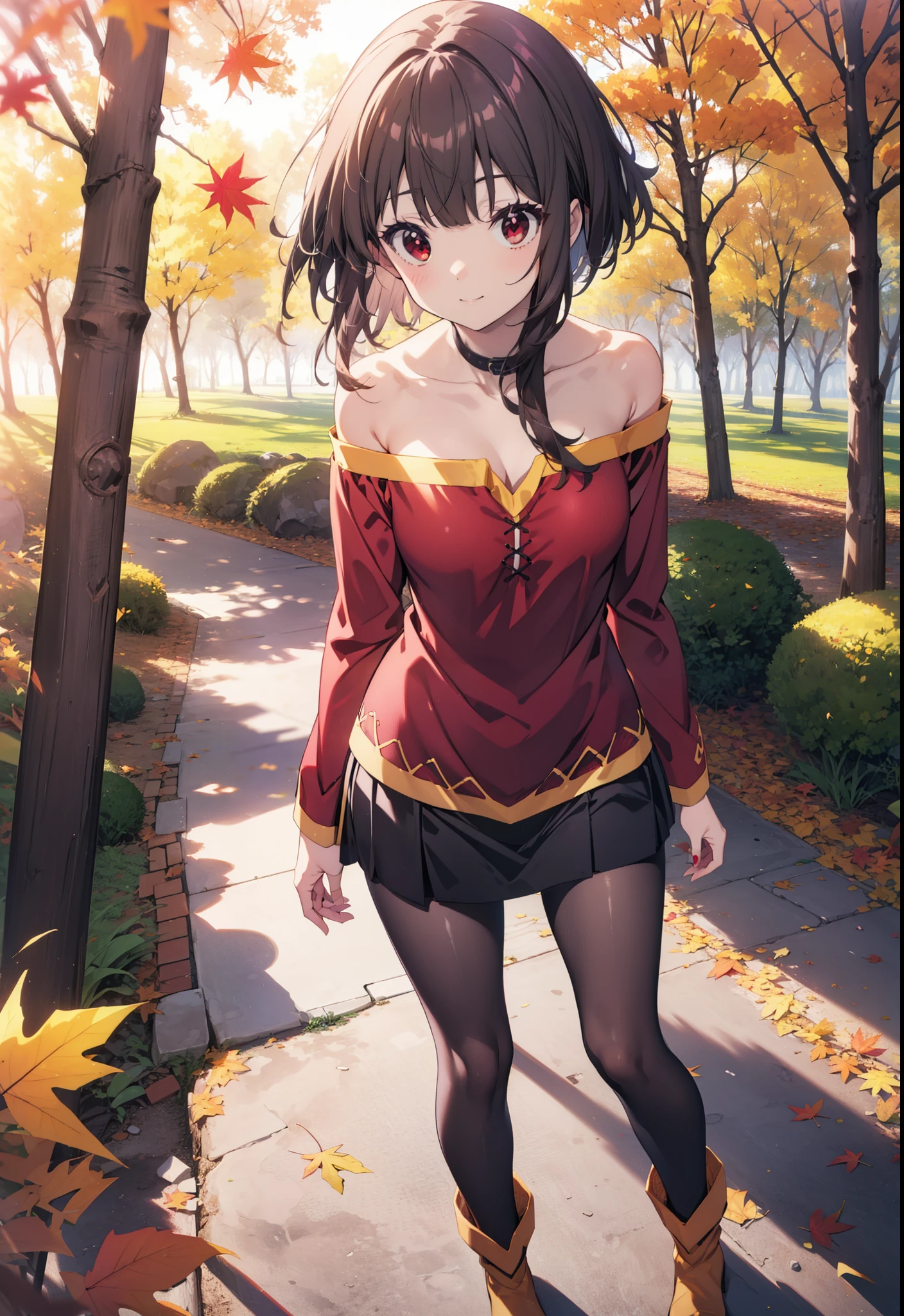 konosubaMegumin, Megumin, short hair, Black Hair, (Red eyes:1.3), short hair with long locks,smile,One-shoulder sweater,mini skirt,Black pantyhose,short boots,autumn leaves,autumn leavesが積もっている,autumn leavesが散っている,Walking,Daytime,Clear skies,whole bodyがイラストに入るように,
break outdoor, forest,
break looking at viewer,whole body, 
break (masterpiece:1.2), Highest quality, High resolution, unity 8k wallpaper, (figure:0.8), (Beautiful attention to detail:1.6), Highly detailed face, Perfect lighting, Highly detailed CG, (Perfect hands, Perfect Anatomy),