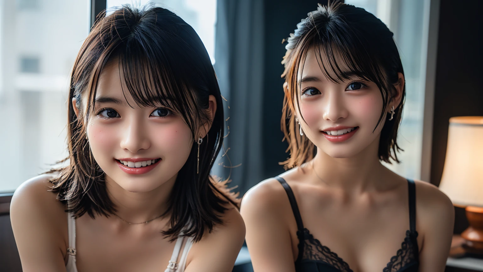 (8k, RAW Photos,Highest quality, High resolution:1.1), (Ultra-realistic:1.4),(Realistic:1.4), Realistic Face,Realistic Body,Realistic Skin,masterpiece,(cute:1.8), Japanese, ((Random Sexy Bra)), Upper Body, Beautiful dark eyes,Innocent eyes,Cinema Lighting,Film Grain,jewelry,Earrings,((Medium Hair:1.1)),Cherry colored lips,Hair Ribbon,ponytail,Audience,Long Hair,,Open your lips,Upper teeth, (Smiling Eyes:0.6),((Grin:1.3)),Blurred Background, Eye focus , Bokeh,young, 85mm lens, Photon Mapping,Radio City,Big Breasts