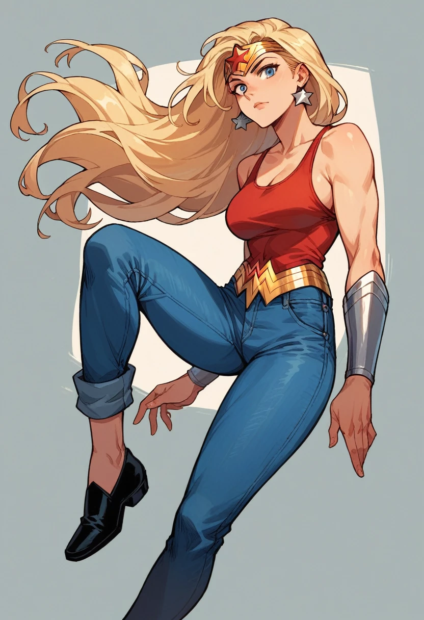 1girl, comics, long blonde hair, red star-earrings, red tank top, wonder woman emblem, silver bracers, blue jeans, black shoes
