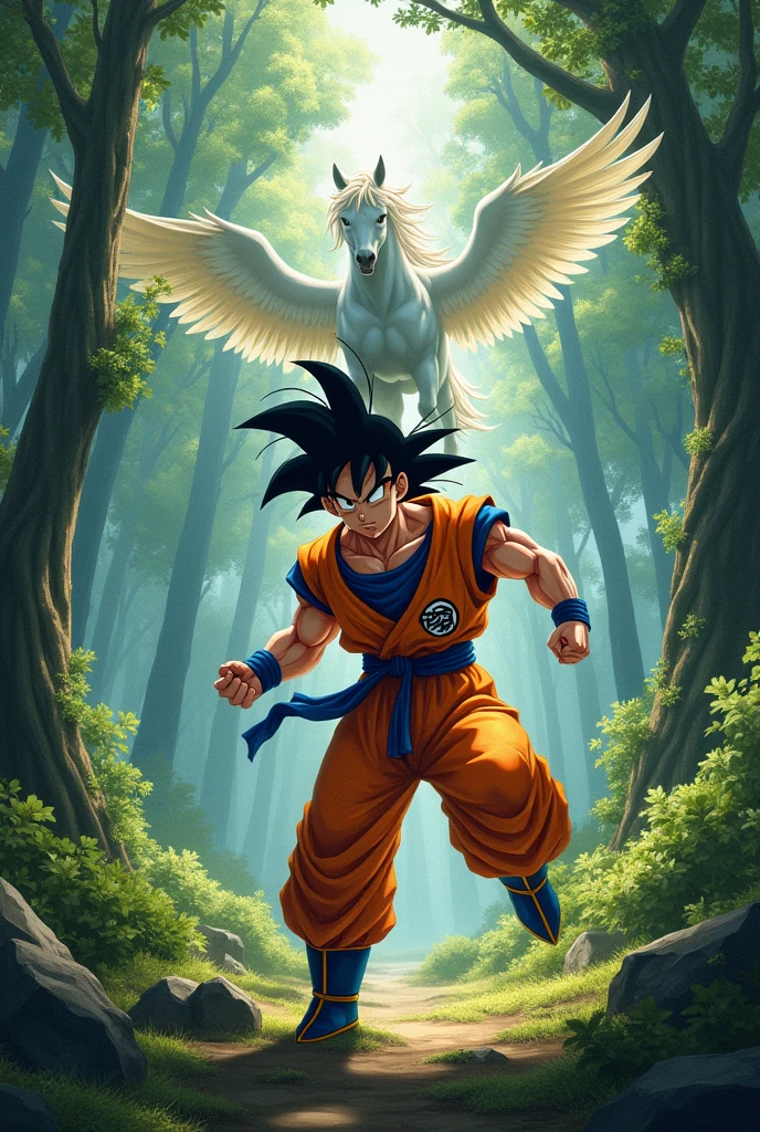 I want Goku with a forest background and a flying horse 10 hfhfhfhjsjdj hehehdn