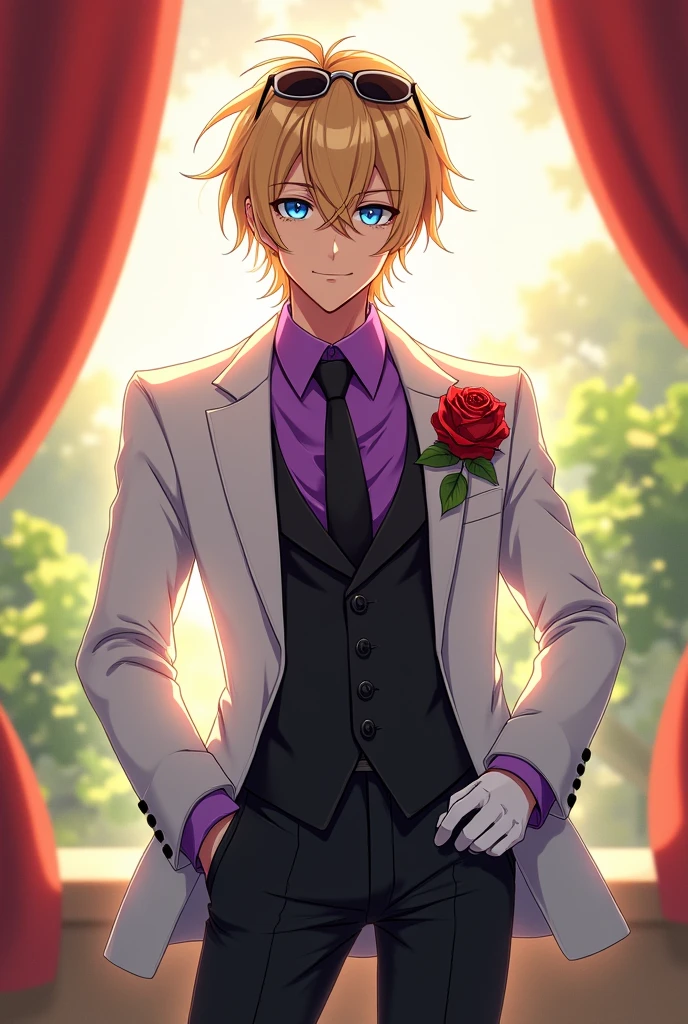 Anime art style illustration, captivating character portrait of League of Legends Ezreal, embodying debonair elegance, dressed in a pristine white suit infused with modern flair, adorned with a rich red rose at the lapel, complemented by delicate white gloves enhancing the formal aesthetic, vibrant purple dress shirt peeking through the blazer, contrasted by a snug black tie adding sophistication, snug black vest accentuating the tailored fit, artistic black pants meticulously detailed, playful smirk gracing his lips showcasing confidence and charisma, brilliant blue eyes sparkling with mischief, flowing blonde hair framing the face elegantly, sunglasses resting casually atop his head, set against a warm inviting backdrop inspired by the enchanting landscapes of Genshin Impact, gentle sunlight cascading through the scene creating soft highlights, lush greenery elegantly interwoven into the environment, creating depth and layering that draws viewers in, carefully arranged composition harmonizing elements of elegance and charm, vivid and dynamic colors mirroring the lively spirit of anime, every detail meticulously rendered to evoke a sense of artistry, resulting in an immersive atmosphere that captivates and enchants the audience.