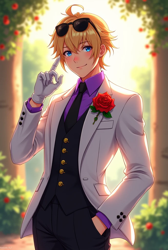 Anime art style illustration, captivating character portrait of League of Legends Ezreal, embodying debonair elegance, dressed in a pristine white suit infused with modern flair, adorned with a rich red rose at the lapel, complemented by delicate white gloves enhancing the formal aesthetic, vibrant purple dress shirt peeking through the blazer, contrasted by a snug black tie adding sophistication, snug black vest accentuating the tailored fit, artistic black pants meticulously detailed, playful smirk gracing his lips showcasing confidence and charisma, brilliant blue eyes sparkling with mischief, flowing blonde hair framing the face elegantly, sunglasses resting casually atop his head, set against a warm inviting backdrop inspired by the enchanting landscapes of Genshin Impact, gentle sunlight cascading through the scene creating soft highlights, lush greenery elegantly interwoven into the environment, creating depth and layering that draws viewers in, carefully arranged composition harmonizing elements of elegance and charm, vivid and dynamic colors mirroring the lively spirit of anime, every detail meticulously rendered to evoke a sense of artistry, resulting in an immersive atmosphere that captivates and enchants the audience.
