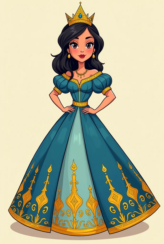 Drawing Cartoon big girl wearing a Beautiful volume and fluffy dress , make it like Arab princess She puts her hand on her waist and wears an outfit decorated with an Arabic-Islamic decoration Painted in beautiful colors with 2d drawing and make black outline more details blue and yellow and make the dress full cover