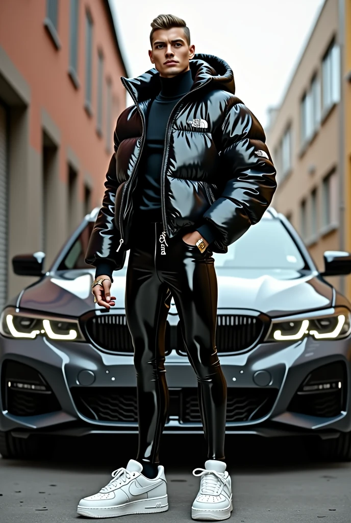 full view full body, white guy with light-brown undercut clean shaved haircut, golden rings, wearing full length shiny skintight rubber grass with a black North Face puffer jacket blistered with air and white Nike Air Force one, waiting standing beside bmw car