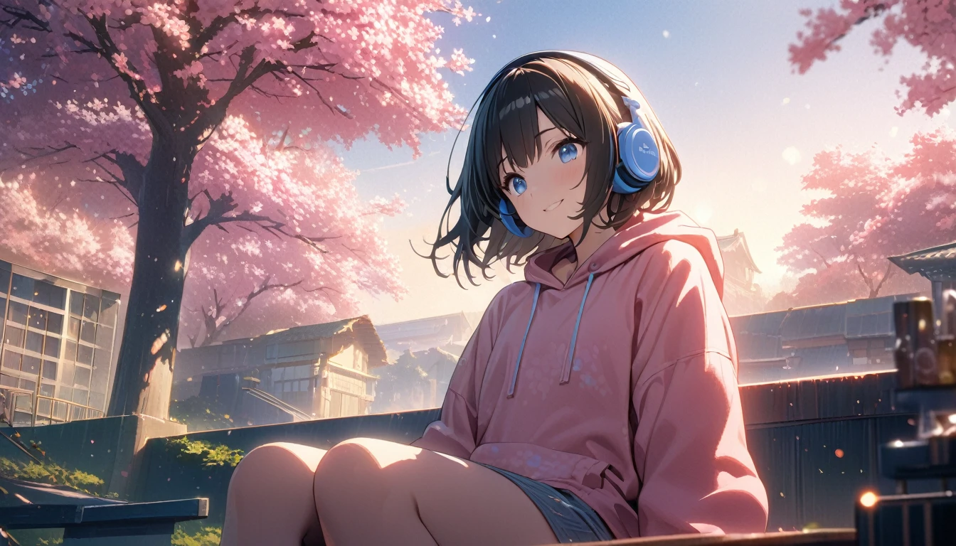 ((ultra-detailed))/(one women with short black hair and bob hair.、beautiful blue eyes,.、smile、gentle smile on her face、flat chest, one Beautiful girl,((masterpiece, illustration, best quality) ((ultra-detailed))/)Masterpiece\,wearing headphones and sitting under the japenese cherry blossom trees while wearing pink hoodie, day time,濃い青とBeautiful Blueのグラデーション, High resolution, 8K HD detail, hyper-detail, cinematic, surrealism, soft light, deep field focus bokeh, ray tracing and surrealism. --v6'