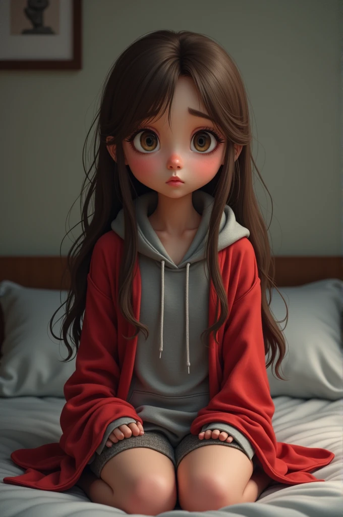 Nerdy Girl.nerd eyes. brown long hair. Nerd posture. Sitting on a bed with eyes open.red roato. ashamed.gray sweatshirt covering the entire body down to the knees