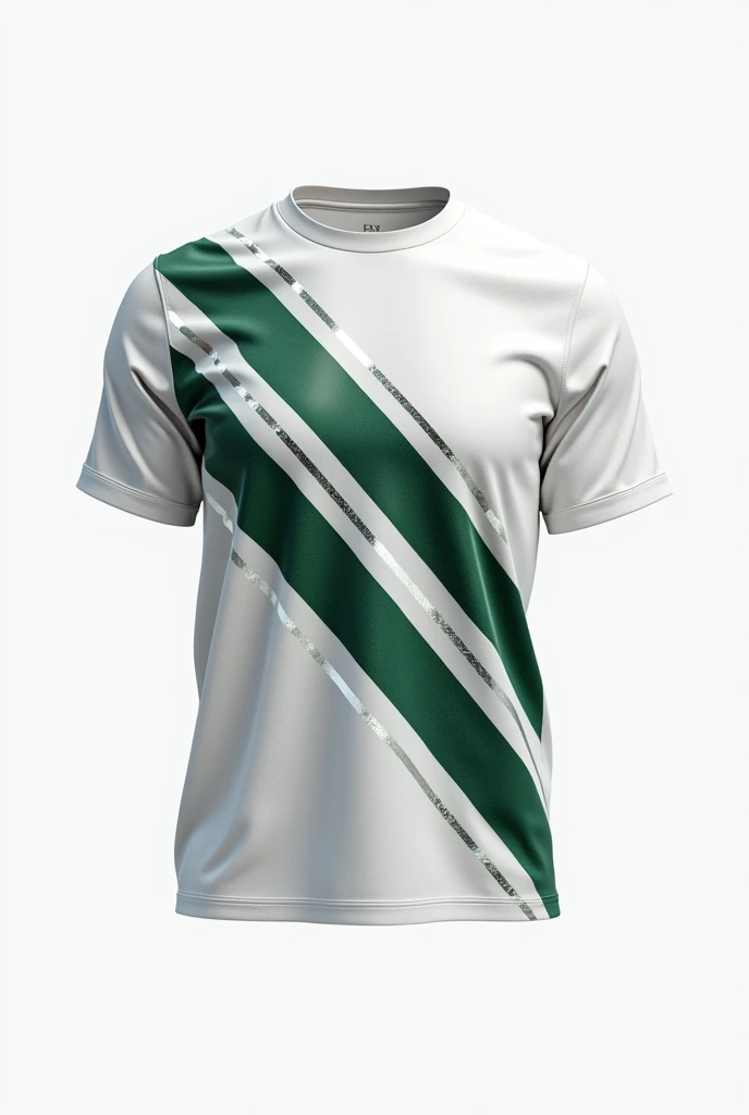 White T-shirt with dark green diagonal stripes that shimmer with white and black stripes on the sides, on a white background