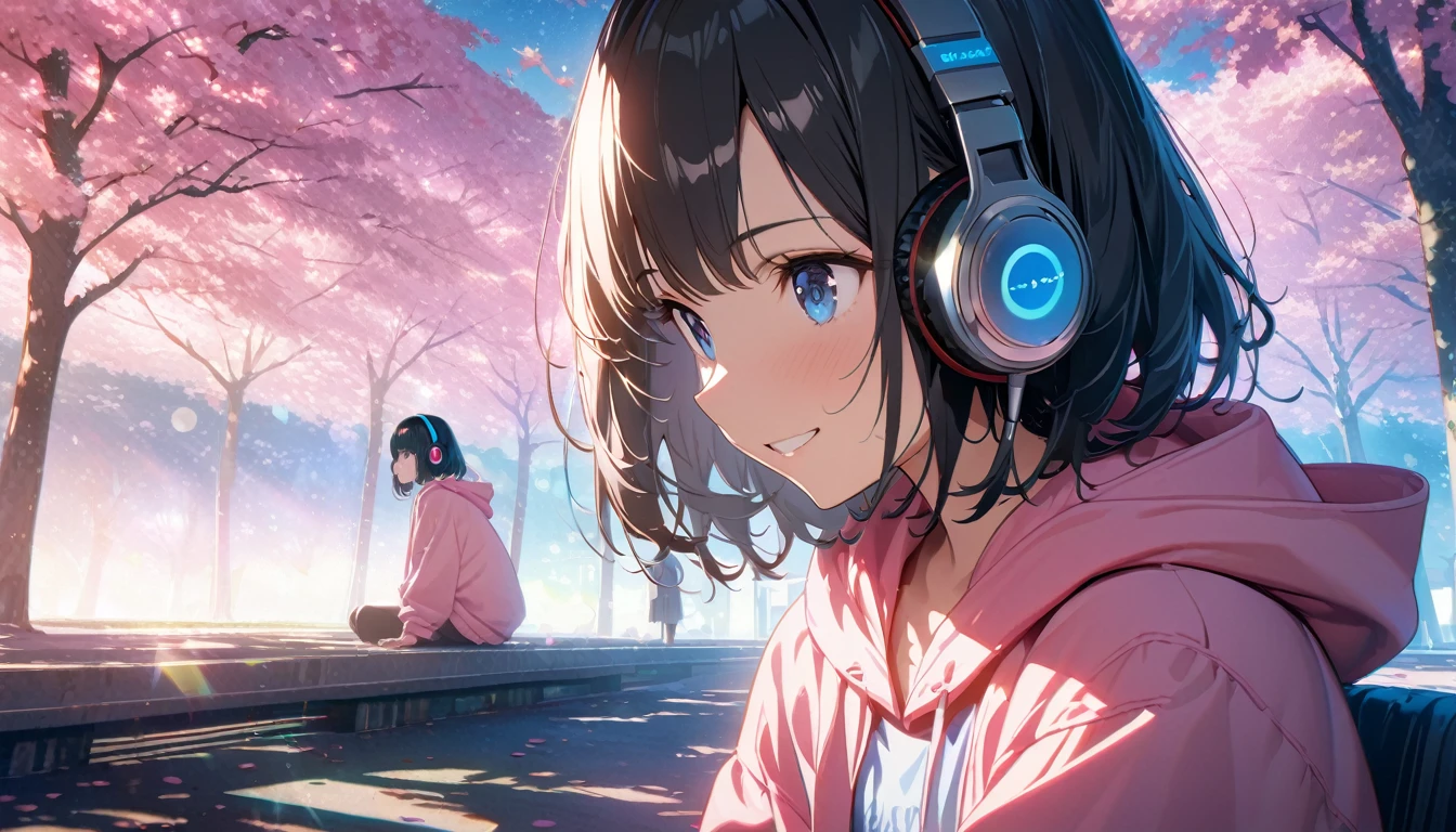 ((ultra-detailed))/(one women with short black hair and bob hair.、beautiful blue eyes,.、smile、gentle smile on her face、flat chest, one Beautiful girl,((masterpiece, illustration, best quality) ((ultra-detailed))/)Masterpiece\,wearing headphones and sitting under the japenese cherry blossom trees while wearing pink hoodie, day time,濃い青とBeautiful Blueのグラデーション, High resolution, 8K HD detail, hyper-detail, cinematic, surrealism, soft light, deep field focus bokeh, ray tracing and surrealism. --v6'