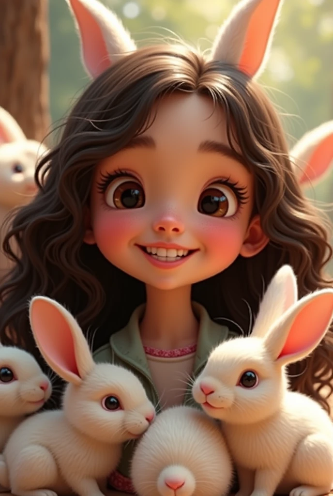 Fait moi ma fille Océane qui a 10ans, cheveux long brun très foncés legerement ondulés,  de belle pommettes un sourire si grand et beau que ses yeux se plisse, entourée de plein tout mignon petit lapin 