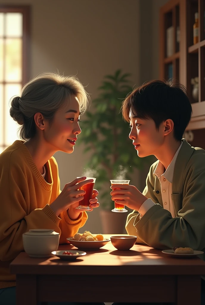 Asian mom drinks son