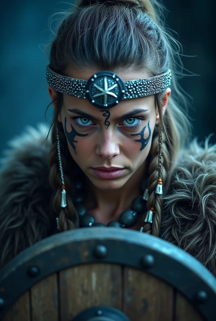 Close up face beautiful viking woman, wooden shield in hand , strong blue light in the eyes, eagle headdress , viking face paintings, Angry, bone ornaments on the neck, battle armor, focused, braids in hair