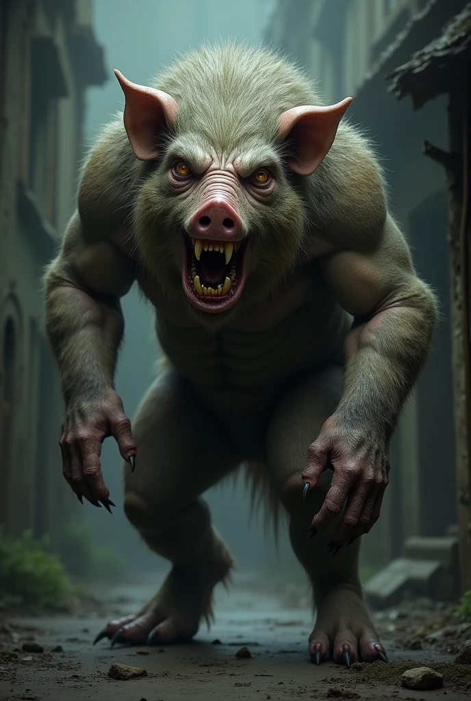 Werewolf with a pig face , with teeth sticking out and all hairy, with human body