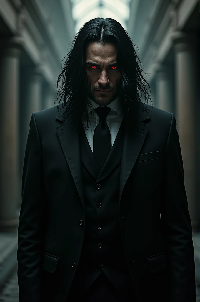 man.  BLACK LONG HAIR crimson eyes  his sharply tailored suits and the cruel smirk that never left his lips. His voice, smooth and menacing, was rumored to hold a chilling edge, capable of slicing through steel and leaving a trail of dread in its wake. 