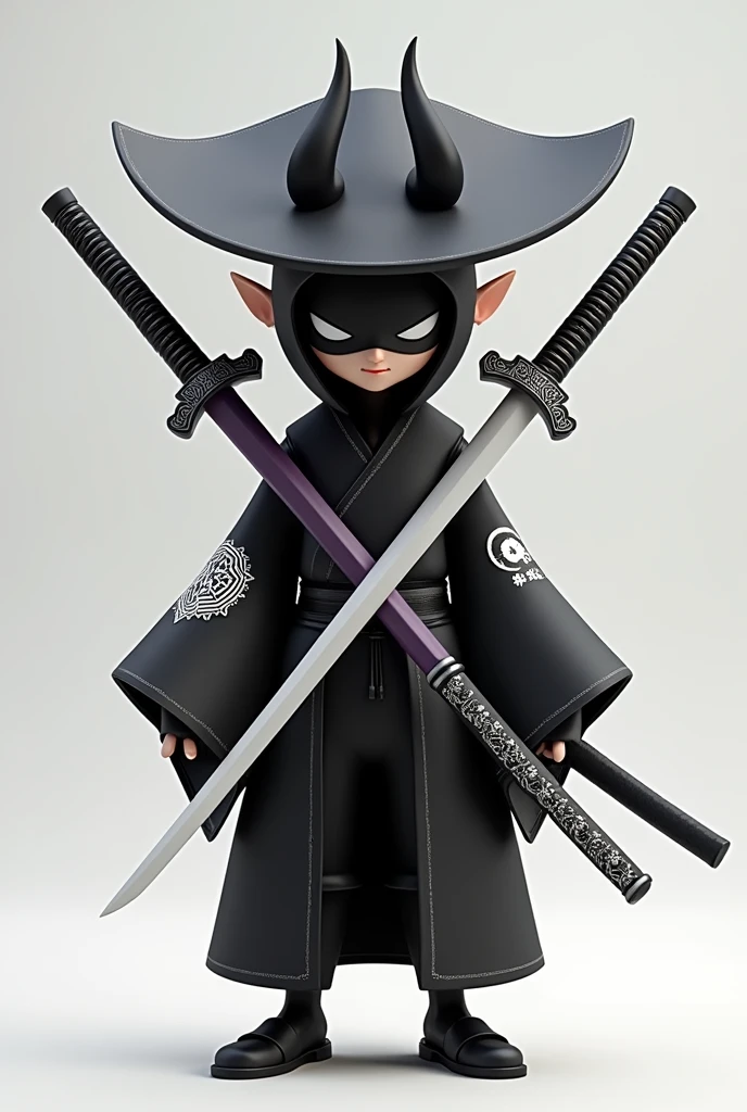 The image shows a stylized avatar with a black and white samurai theme.. The character is wearing a black kimono with white Japanese symbols on the arms and legs.. He wears a conical hat with black horns, and his face is partially covered by a black mask that reveals a smile. The avatar carries three crossed katana swords on his back, one with a white blade and the other with a purple blade, both with decorated cuffs.