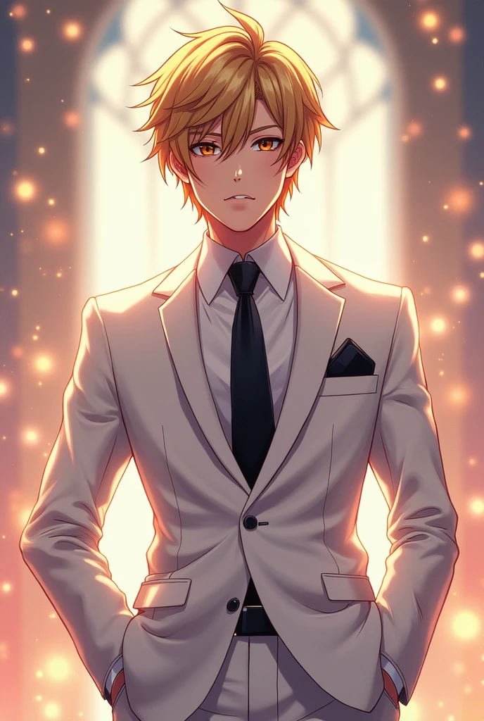 Anime art style, exquisite masterpiece showcasing Debonair Ezreal from League of Legends, elegantly clad in a tailored white suit that accentuates his refined persona, contrasting sharply with a classic black tie meticulously knotted, lustrous blonde hair styled impeccably, eyes radiating warmth and charm, dynamic pose suggesting movement and confidence, glimmering details in fabric texture captured with vibrant bold lines, background infused with a blend of soft pastels and shimmering effects, evoking a sense of wonder and excitement akin to a gala evening, central composition focusing on Ezreal in full-frame glory, delicate lighting emphasizing his features, creating captivating shadows that dance across the relevant attire, subtly illuminated by soft ambient glow reminiscent of sparkling city lights, the atmosphere tinged with an adventurous spirit and charisma, signature League of Legends flair, cell shading technique enhancing depth and vibrancy, meticulous detailing in the caricatured expression, embodying a combination of elegance and youthful audacity, showcasing the intricate anime stylistic through dynamic lines and artistic flair, enveloping viewers in a world where elegance meets heroic adventure