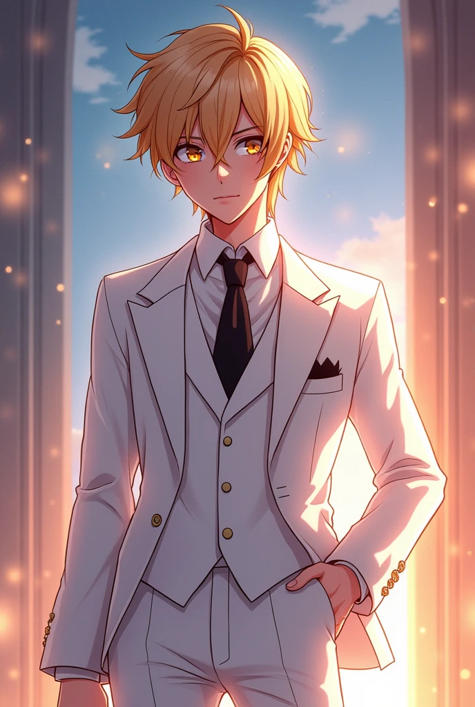 Anime art style, exquisite masterpiece showcasing Debonair Ezreal from League of Legends, elegantly clad in a tailored white suit that accentuates his refined persona, contrasting sharply with a classic black tie meticulously knotted, lustrous blonde hair styled impeccably, eyes radiating warmth and charm, dynamic pose suggesting movement and confidence, glimmering details in fabric texture captured with vibrant bold lines, background infused with a blend of soft pastels and shimmering effects, evoking a sense of wonder and excitement akin to a gala evening, central composition focusing on Ezreal in full-frame glory, delicate lighting emphasizing his features, creating captivating shadows that dance across the relevant attire, subtly illuminated by soft ambient glow reminiscent of sparkling city lights, the atmosphere tinged with an adventurous spirit and charisma, signature League of Legends flair, cell shading technique enhancing depth and vibrancy, meticulous detailing in the caricatured expression, embodying a combination of elegance and youthful audacity, showcasing the intricate anime stylistic through dynamic lines and artistic flair, enveloping viewers in a world where elegance meets heroic adventure