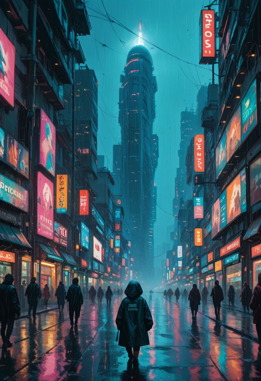 futiristic world, flying ships, cyberpunk style city, neon lights, giant advertising signs, rain, at night, zoomed image, from afar, people walking, cinema style, high quality, highly detailed, huge skyscraper, girl playing with the rain