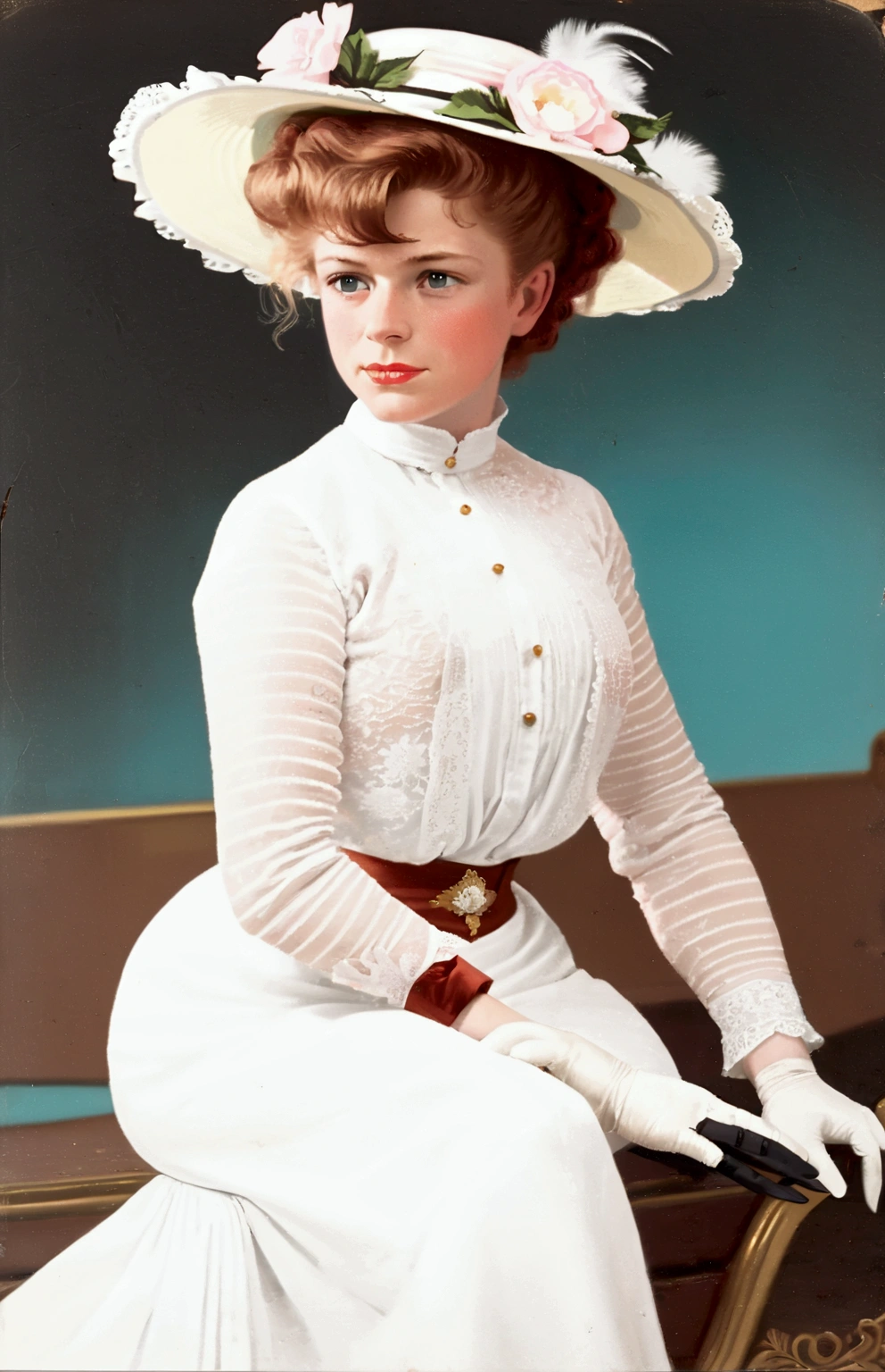 NSFW. A sexy 15yo ginger Gibson Girl (((sodomized by a horny 69yo gentleman sitting in front of her))). Year 1900. 1900_dr3ss. White high-collar long sleeve shirtwaist, large hat lavishly topped with flowers and feathers, silk gloves, pinky finger raised, floor-length high-waisted skirt, petticoats, silk stockings, boots. Thotty demeanor. Hourglass figure. Large chest, 9in wasp waist, bubble butt. Gibson Girl updo, gorgeous face, red lips. Edwardian setting.