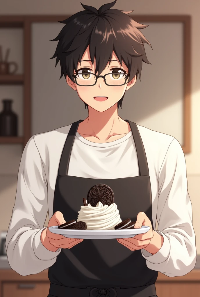 Person holding a plate with oreo cream on top in an anime container wearing a white long-sleeved shirt with glasses on and a black apron man 