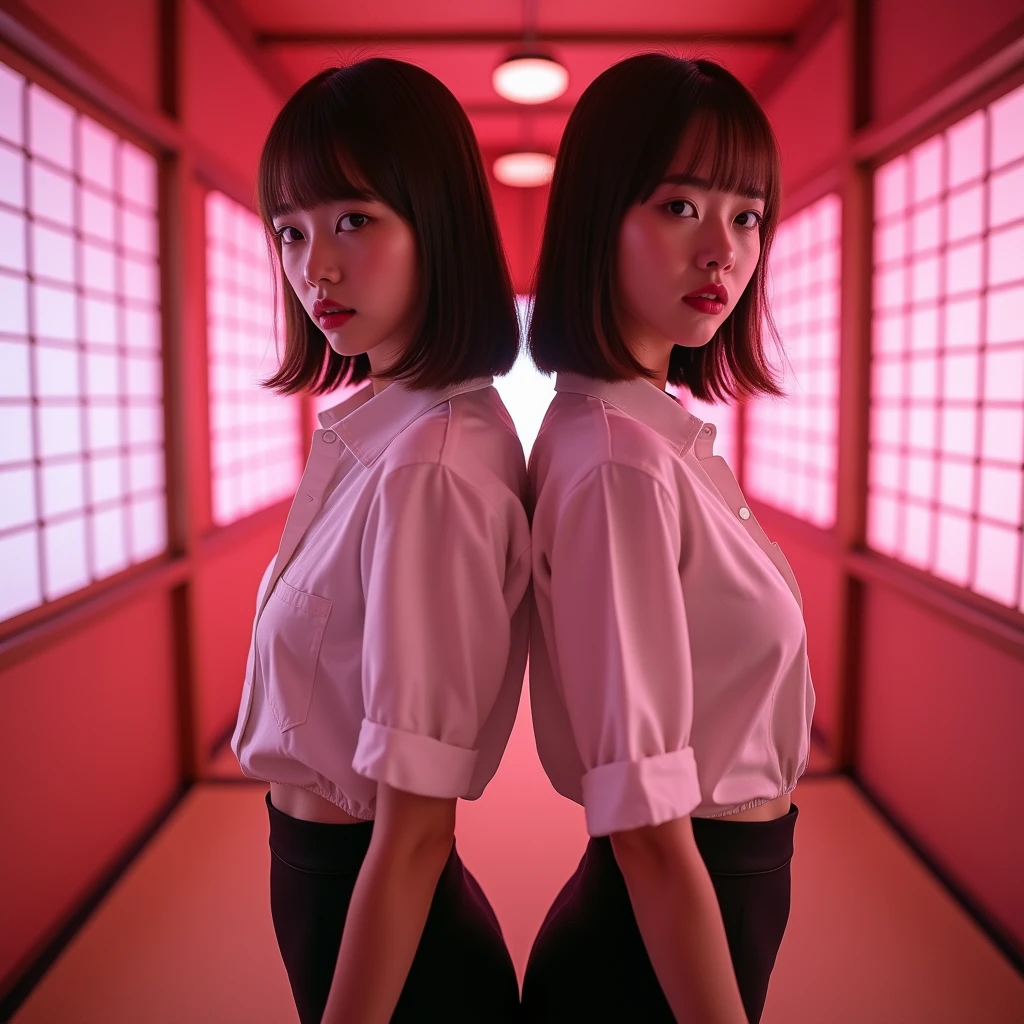 Identical twin sisters、((Japanese)) ((Plump and glossy lips)) ((Brown hair with short bob hairstyle and bangs)) ((Looking into the camera)) ((White button shirt and black enamel tight skirt)) Low angle shot of a person standing facing forward Looking down ((A room with shoji screens and tatami mats lit up with pink neon lights))