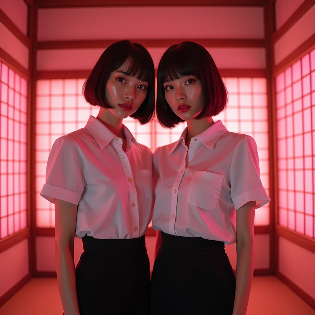 Identical twin sisters、((Japanese))　((Plump and glossy lips))　((Brown hair with short bob hairstyle and bangs))　((Looking into the camera))　((White button shirt and black enamel tight skirt))　　Low angle shot of a person standing facing forward　Looking down　((A room with shoji screens and tatami mats lit up with pink neon lights))　