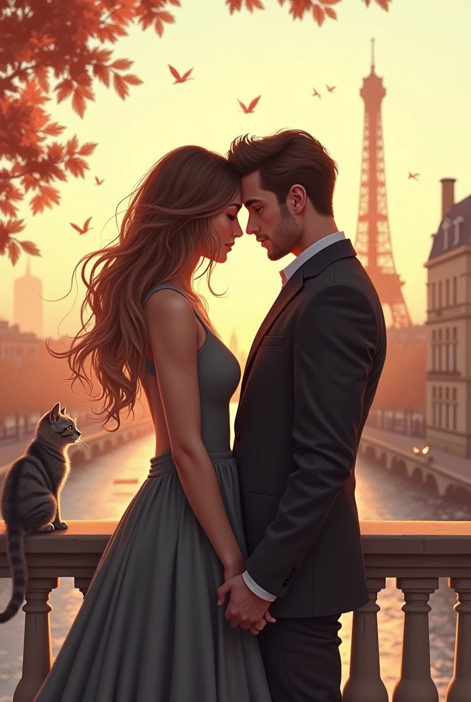 Dessin couple (vue derriere) femme avec cheveux balayage brun/blond)à paris avec un chat gris rayé sans queue