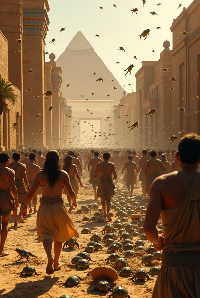 People in Egypt fleeing in fear from an invasion of frogs. 4k