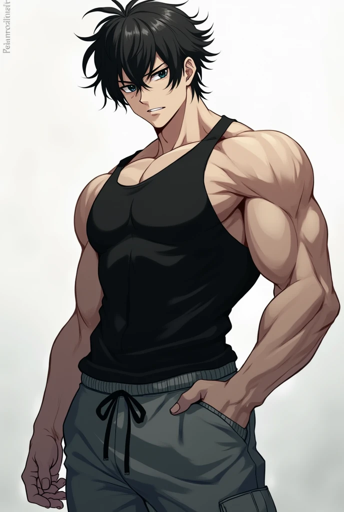 an adult guy, disheveled black hair, slanted black eyes, white skin, with a black tank top, loose sweatpants, marking the large masculine bulge he has, anime