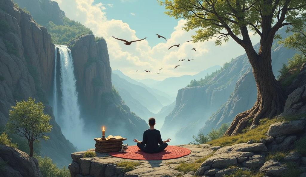 generate a person meditating on an ancient mountain next to a table with books and an ancient candle with a cat and in front there is a waterfall and brown birds flying with dry trees on one side and mature trees on the other