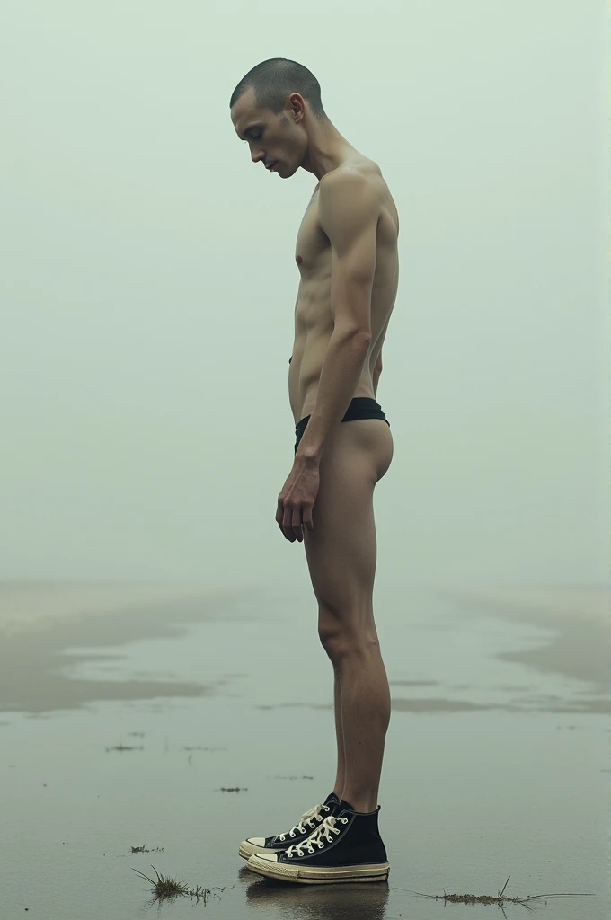 skinny man, All of us, wearing only a black mid-top converse.
