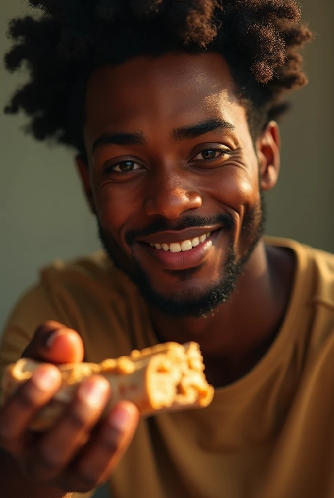 a tired but happy young black man, beautiful detailed face, detailed eyes,detailed lips, detailed skin pores, detailed facial features, receiving a protein bar from his mother, highly realistic portrait, warm natural lighting, soft focus, cinematic, beautiful colors, vibrant, high quality