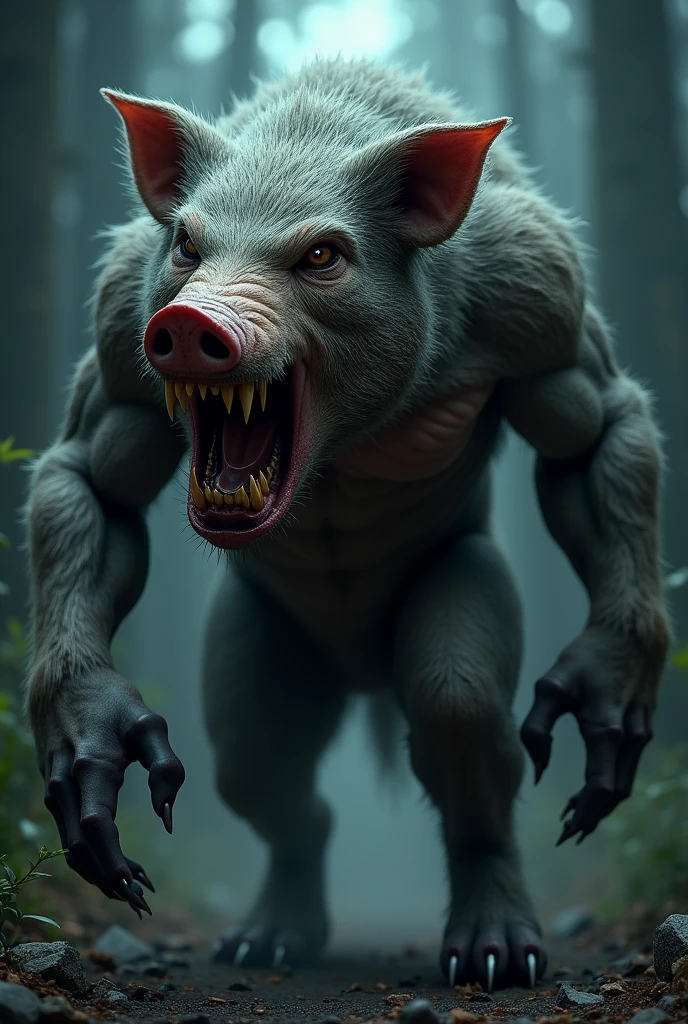 Werewolf with a pig&#39;s snout , with teeth sticking out and all hairy, with human body
