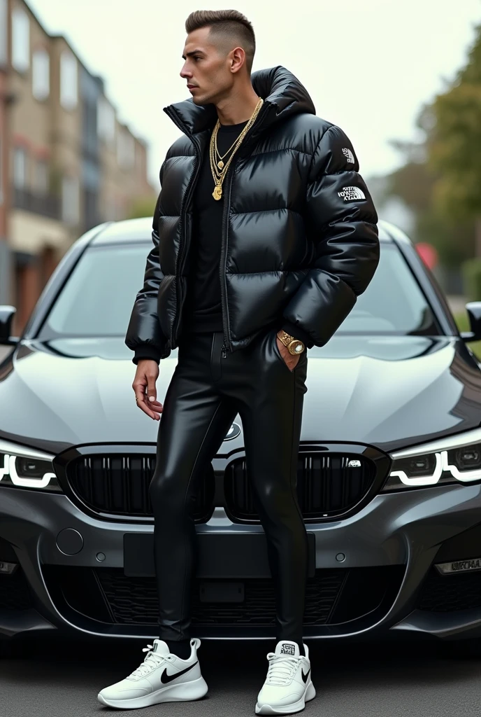 full view full body, white guy with light-brown undercut clean shaved haircut, golden rings, necklaces, wearing full length shiny skintight rubber grass with a black North Face puffer jacket blistered with air and white Nike TN trainers, waiting standing beside bmw car 