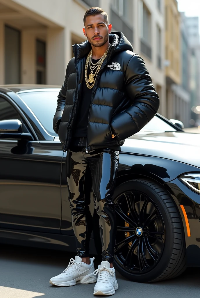 full view full body, white guy with light-brown undercut clean shaved haircut, golden rings, necklaces, wearing full length shiny skintight rubber grass with a black North Face puffer jacket blistered with air and white Nike TN trainers, waiting standing beside bmw car 