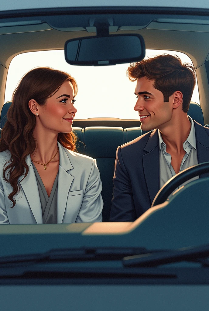 Young couple of clinical laboratory technician and a lawyer in drawings inside a car 