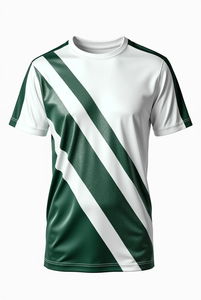 White T-shirt with dark green stripes all over the diagonal that shimmer with white and black stripes on the sides, on a white background