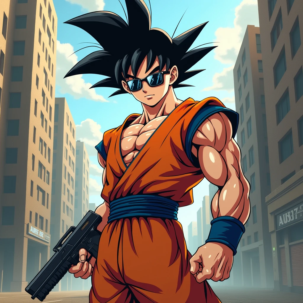 goku in the style of a figure with sunglasses , a gun and posing

