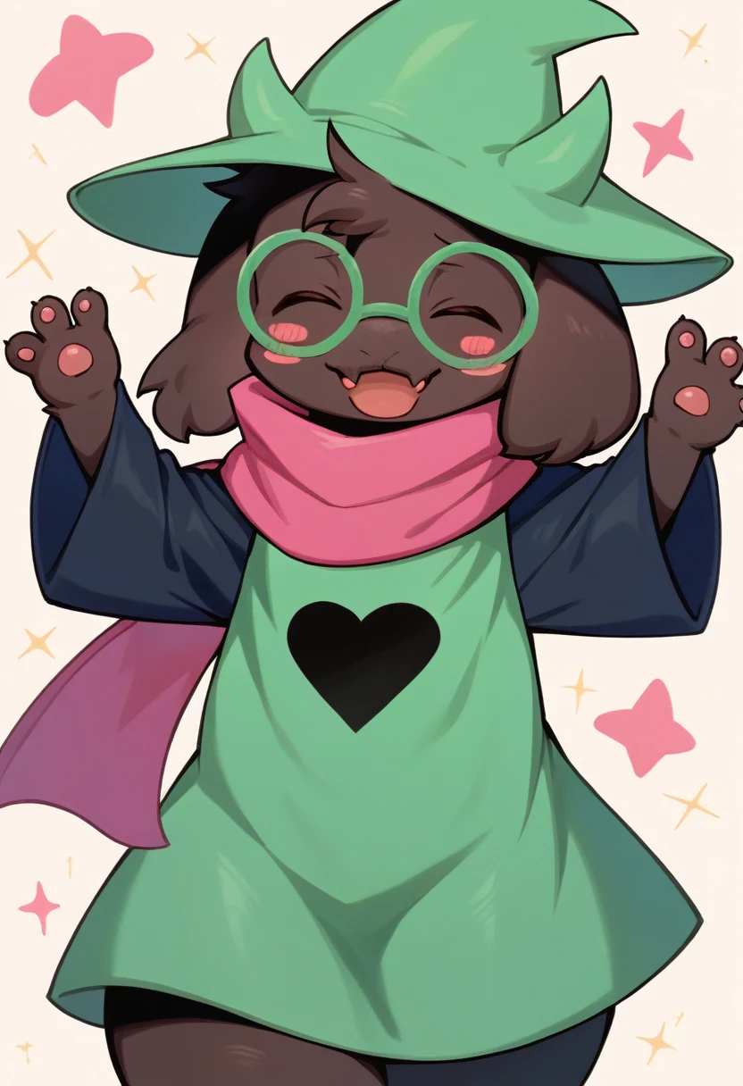  (score_9, score_8_up),furry, fur, face, Ralsei(deltarune), goat, dark fur, Green horns (they're usually pink, but the hat is covering them), black sleeves, cute, green glasses, hat, green shirt, standing, gojo pose,pink scarf,closed eyes, happy, smug face,  wide hips, {{Artist: %greatm8%}},  1furry, solo, blushing, male, Stickers