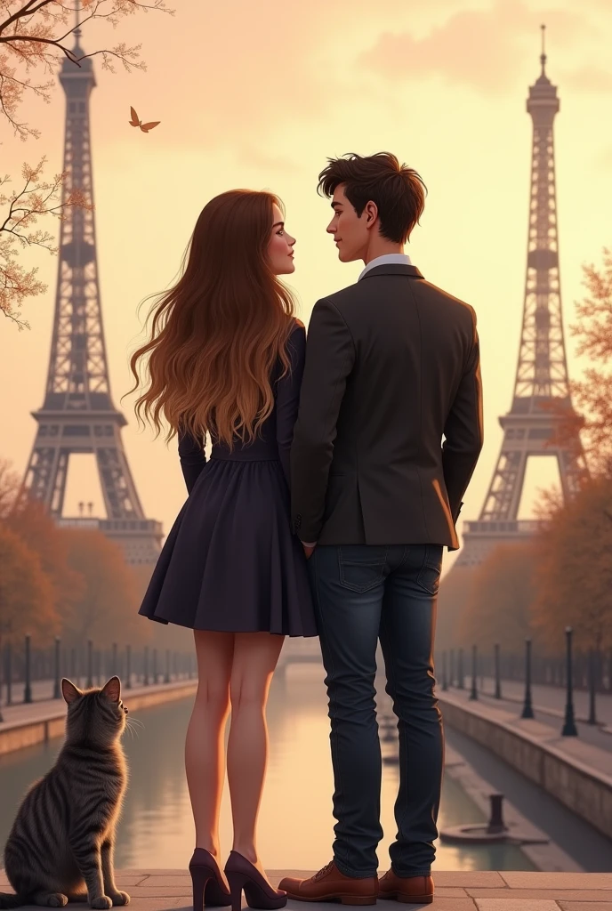 Dessin couple (vue derriere) femme avec cheveux balayage brun/blond)à paris avec un chat gris rayé sans queue