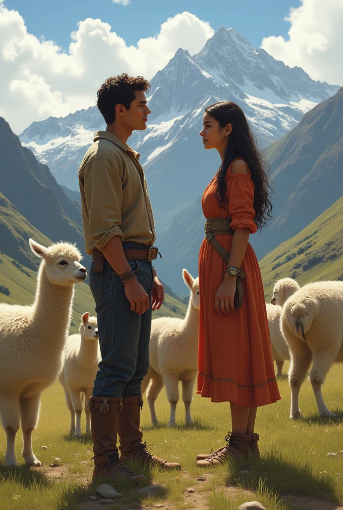 A 20-year-old young woman from the Peruvian mountains grazing many alpacas meeting a young man also from the Peruvian mountains, 1 , poor peasant grazing other people's animals . They both fall in love