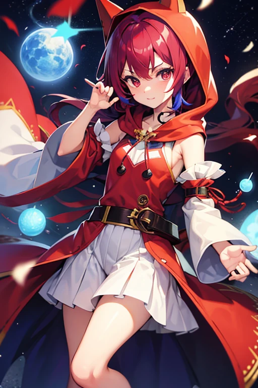 Kizi, reddish blue hair, red hood, star headdress, puff sleeves, looking ahead at viewer