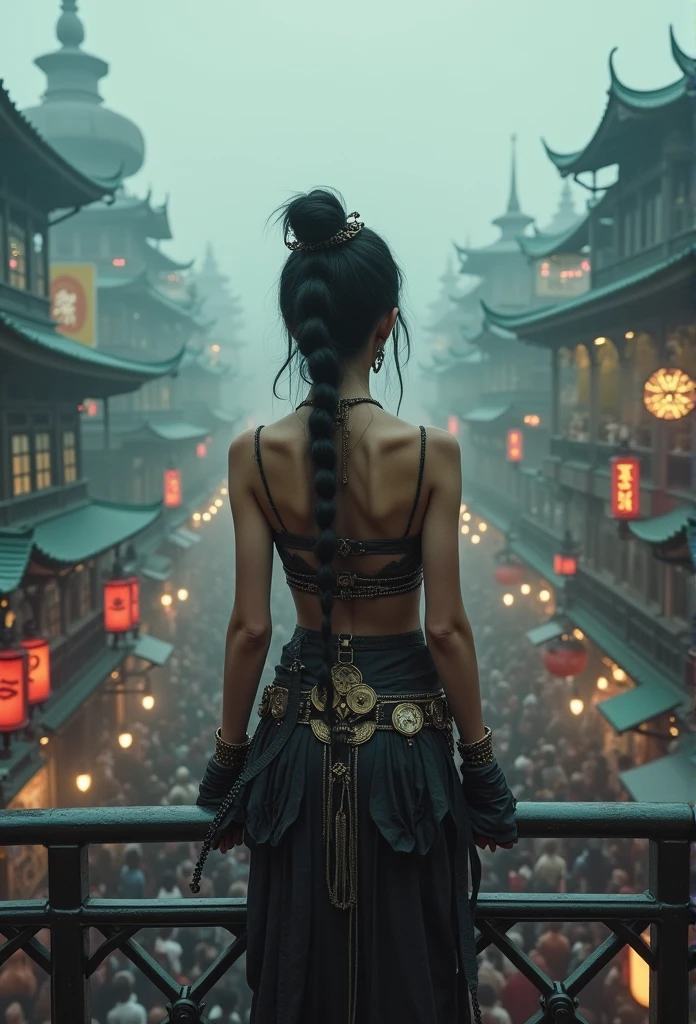 steampunk wind, Asian, beauty, overcast day, Looking Down, Noisy crowds, High Quality,