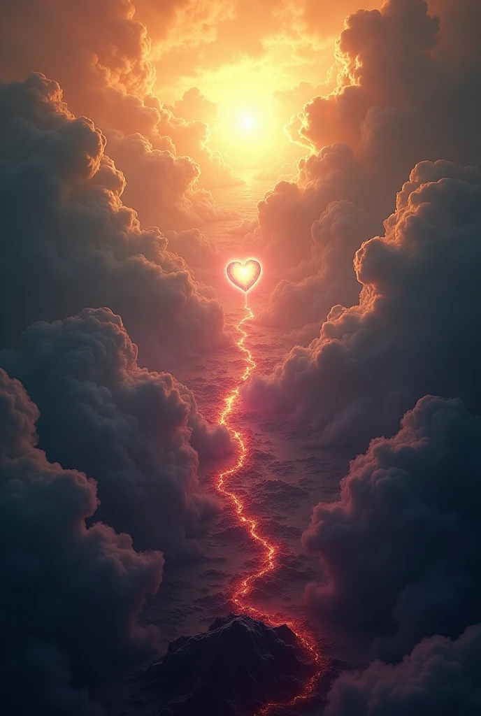 Heaven and the underworld are merging into an epic scene. At the top of the image, The sky is depicted in warm shades of gold and orange., while the underworld below is shown in dark and cool tones, like deep blacks and purples. The transition between both worlds is smooth but marked., with clouds of light and shadows intertwined in the middle. a heart of glass in the middle of everything horizontal image