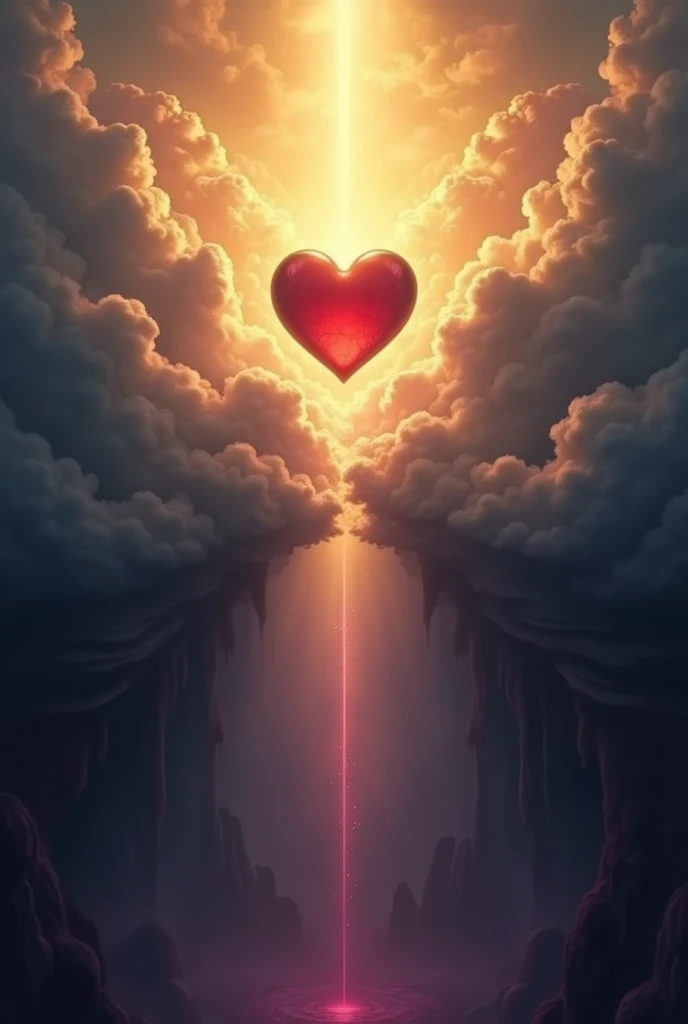 Heaven and the underworld are merging into an epic scene. At the top of the image, The sky is depicted in warm shades of gold and orange., while the underworld below is shown in dark and cool tones, like deep blacks and purples. The transition between both worlds is smooth but marked., with clouds of light and shadows intertwined in the middle. a heart of glass in the middle of everything horizontal image