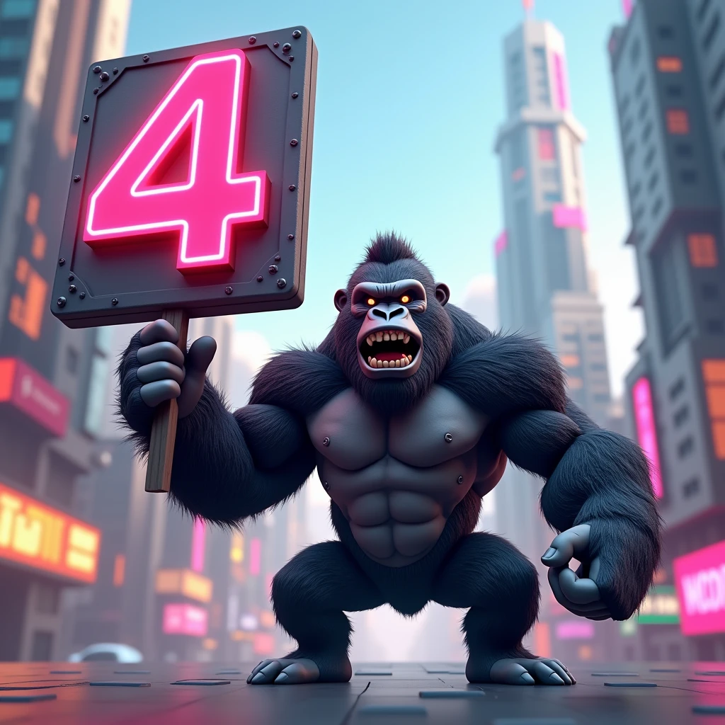 3D Animation、Gorilla holding a number 4 sign、hero
