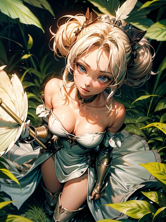 ((extreme detail)),(ultra-detailed),(painting), chiaroscuro, extremely detailed CG unity 8k wallpaper, gwendolyn, hip feathers, holding polearm, round breasts, strapless dress, crown, detached sleeves, choker, armored thigh boots, feather hair buns, facing forward, looking at viewer, white background, bug, butterfly, grass, hydrangea, leaf, mushroom, nature, plant, apple, looking away, looking up, from above,