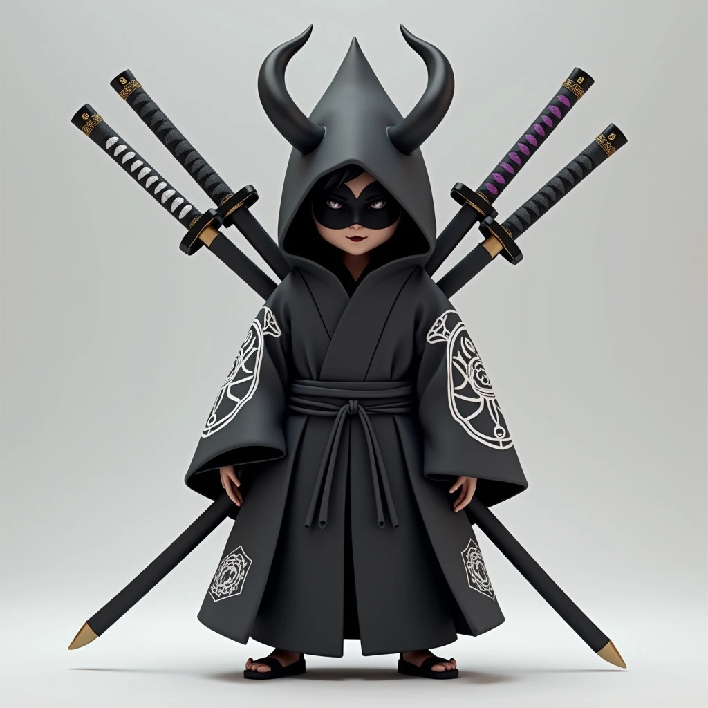 The image shows a stylized avatar with a black and white samurai theme.. The character is wearing a black kimono with white Japanese symbols on the arms and legs.. He wears a conical hat with black horns, and his face is partially covered by a black mask that reveals a smile. The avatar carries three crossed katana swords on his back, one with a white blade and the other with a purple blade, both with decorated cuffs.