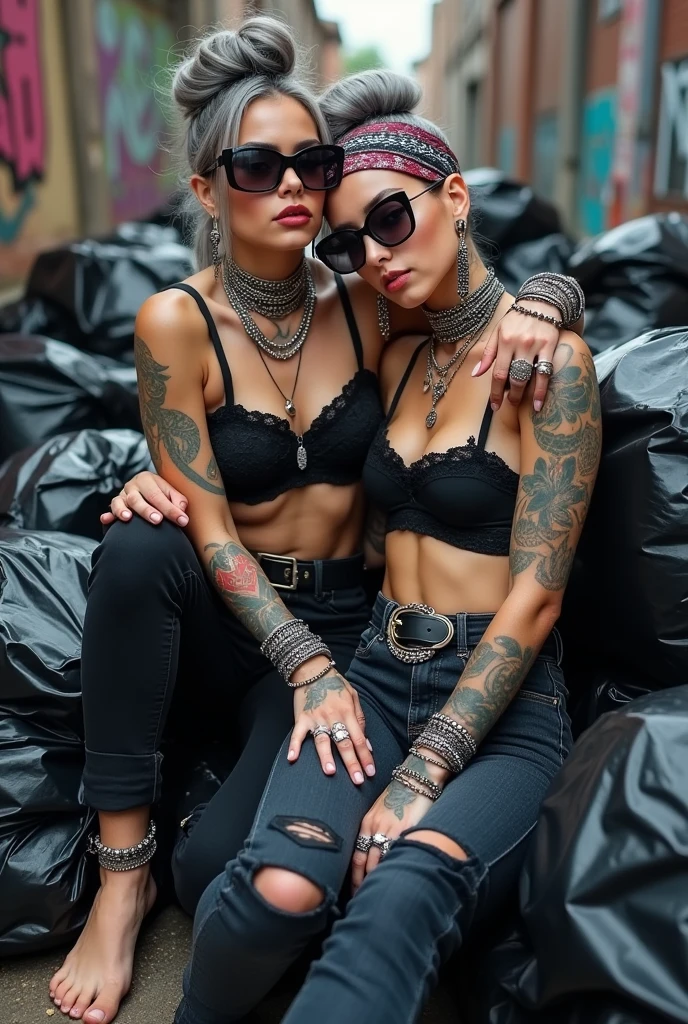 Two russian milf women: the dominant woman with power stance (arm around her partner"s shoulders and grabbing her forearm) protecting the submissive and needy one, who leans her head on the other's chest. different clothes but same rock chic style. grey hair (bouffant, top bun) and oversized square sunglasses and wide colourful bandana as headband. Big lips. Black lace push up bra, silicone breast,, tight skinny dark blue jeans, worn with holes on knees (white cotton still visible). Barefoot with necklaces in ankles. Lots of thick wide studded bracelets, chain necklaces and big rings,. Wide black leather studded belt with oval solid buckle. Long earrings with chains and feathers. Sitting on a pile of huge black plastic bags. Lazy, leaning back, laid back pose, separated legs. Neck, chest, stomach, feet, hands, arms and wrists heavily tattoed. Toned abdominals, thin neck, slim legs and thin arms. Narrow hips. Full body. At a dead end street with graffitied walls, ground littered with waste . Nuns get close. Some nuns in the background get close. Full body, seen from above
